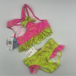 2 Piece Bikini Swim Bathing Suit Bright Yellow Pink Mermaid Neon Bow Ruffles 4T